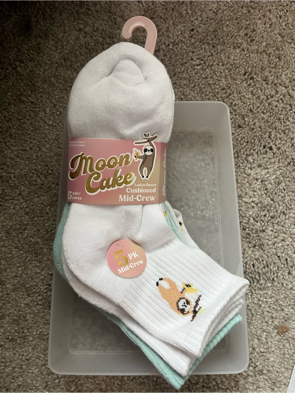 Ladies' Cushioned Mid-Crew Socks - White sloth and banana  (5 Pack)